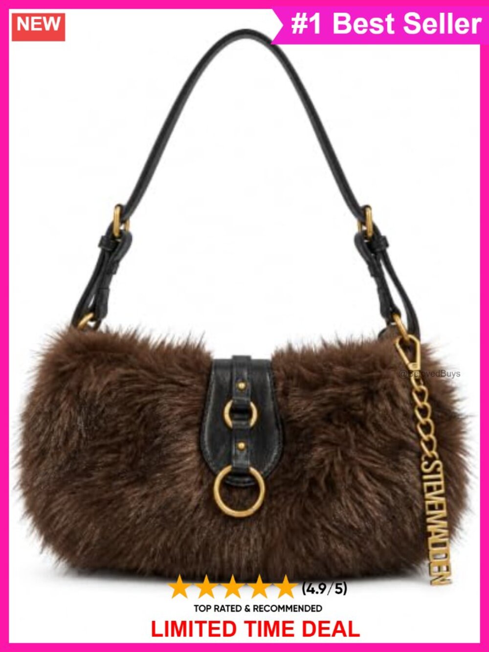 Faux Fur Shoulder Bag Baguette Chain Charm Adjustable Strap Compact